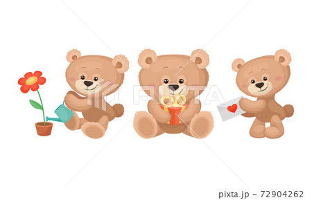 Cute Cartoon Teddy Bear Watering Flower and Holding Gift Box Vector Set Cute Cartoon Teddy Bear Watering Flower and Holding Gift Box Vector Set 72904262