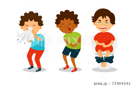Sick Children Feeling Unwell and Suffering from Pain Vector Illustration Set 72904342