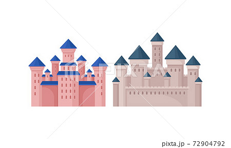 Stone Castle with Tall Towers and Walls as Fortified Middle Age Stone Structure Vector Set 72904792
