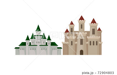 Stone Castle with Tall Towers and Walls as Fortified Middle Age Stone Structure Vector Set 72904803