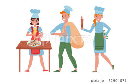 Smiling Man and Woman Baking Bread and Making Confections Vector Illustration Set 72904871
