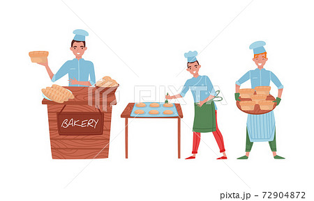 Smiling Man Baking Bread and Making Confections Vector Illustration Set 72904872