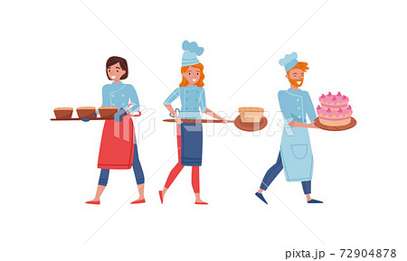 Smiling Man and Woman Baking Bread and Making Confections Vector Illustration Set 72904878