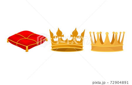 Monarchy Attributes with Golden Crown and Red Pillow Vector Set 72904891