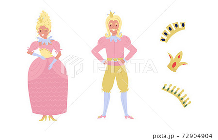 Prince and Princess Wearing Golden Crown as Fabulous Royal Family Vector Set Prince and Princess Wearing Golden Crown as Fabulous Royal Family Vector Set 72904904