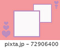 Pink frame. Copy space. Smooth pink background. Two purple frames. Decoration of purple hearts. Postcard for lovers, for birthday, Valentine's day, wedding. 72906400