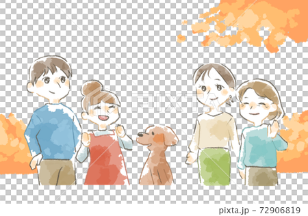 優しいタッチの散歩をする仲良し家族のイラストのイラスト素材