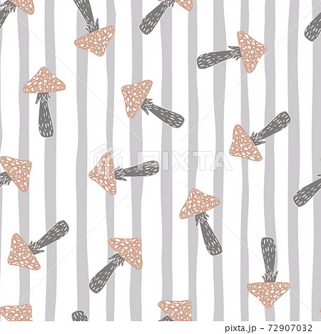 Seamless random pale pattern with mushroom simple elements. Grey and white striped background. Seamless random pale pattern with mushroom simple elements. Grey and white striped background. 72907032