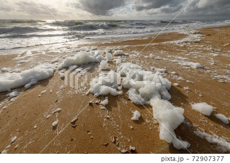 Windswept sea foam on a beach in the Atlantic Ocean Windswept sea foam on a beach in the Atlantic Ocean 72907377