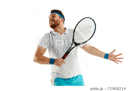 Funny emotions of professional tennis player isolated on white studio background, excitement in game 72908214