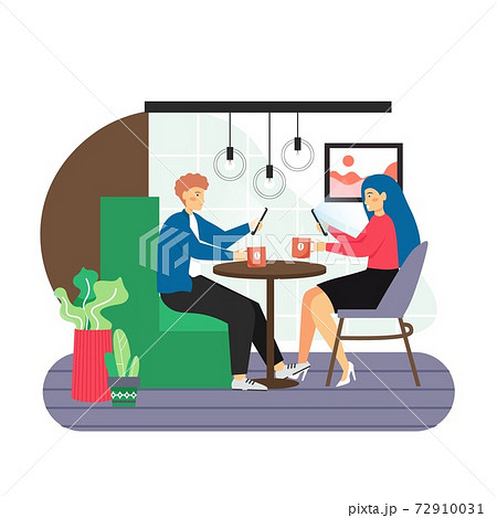 Couple sitting at table with cups of coffee and mobile phones in hands, flat vector illustration. Smartphone addiction. 72910031