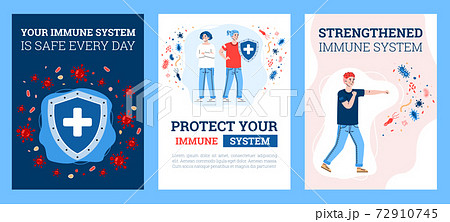 Set of cards of immune system defence with characters, flat vector illustration. Set of cards of immune system defence with characters, flat vector illustration. 72910745