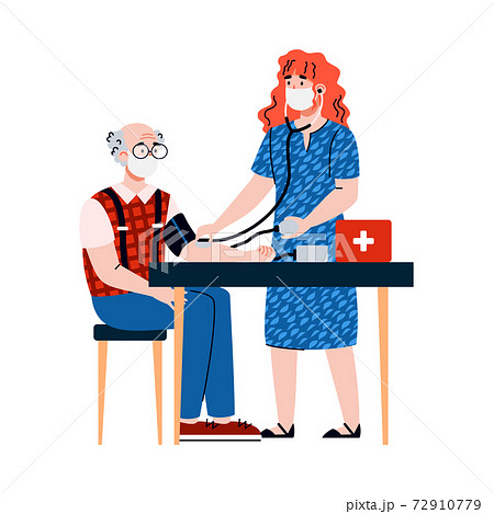 Nurse provides aid to an old man in quarantine, isolated vector illustration. Nurse provides aid to an old man in quarantine, isolated vector illustration. 72910779