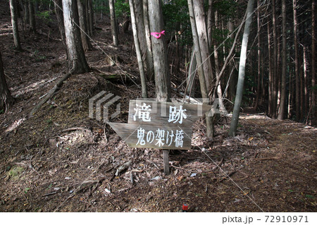 丹波市の金山城跡から下った分岐点に立つ滝跡と鬼の架け橋を示す行先表示板 丹波市の金山城跡から下った分岐点に立つ滝跡と鬼の架け橋を示す行先表示板 72910971