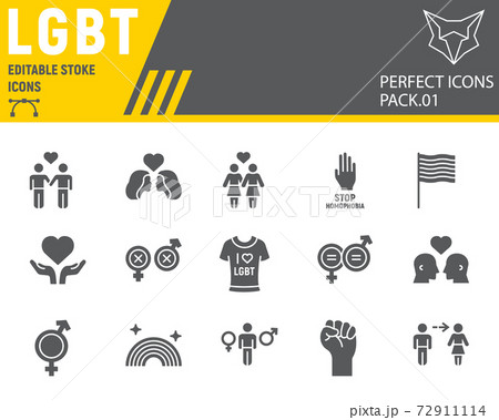 LGBT glyph icon set, lgbtq symbols collection, vector sketches, logo illustrations, gay pride icons, gender signs solid pictograms, editable stroke. 72911114