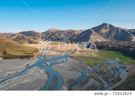 Aerial view of Landmannalaugar camp site, Iceland 72911624