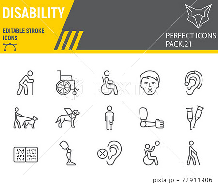 Disability line icon set, disabled people collection, vector sketches, logo illustrations, disability icons, disabled signs linear pictograms, editable stroke. 72911906