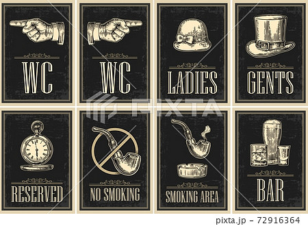 Set signboard. Pointing finger. Toilet grunge poster for ladies, cents. 72916364