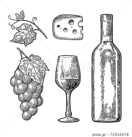 Wine set. Bottle, glass, cheese, bunch of grapes Wine set. Bottle, glass, cheese, bunch of grapes 72916378