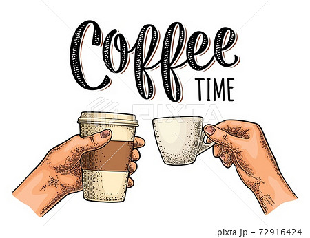 Hands holding a disposable and ceramic cup. Vintage color vector engraving 72916424