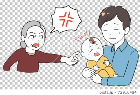 An elderly woman who makes a complaint about a crying baby and her father 72916484