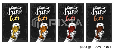 Male hand holding a glass with four types beer - light, white, red and dark. 72917304