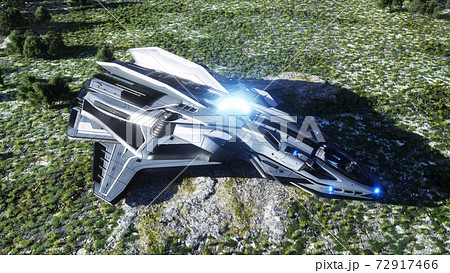 futuristic ship and city. Future concept. Aerial view. 3d rendering. 72917466