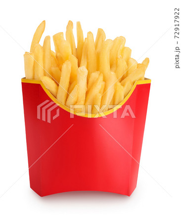 French fries or fried potatoes in a red carton box isolated on white background with clipping path and full depth of field 72917922
