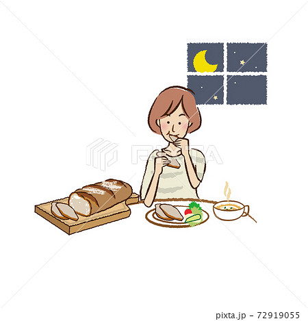 ディナーにパンを食べる若い女性のイラスト素材