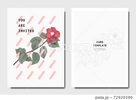 Botanical invitation card template design, red Japanese camellia flowers and leaves 72920390