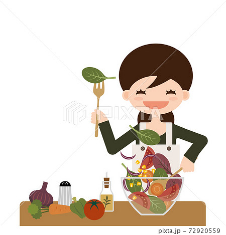 サラダを作るお母さん イラストのイラスト素材