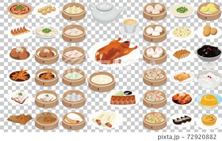 流行飲茶和點的插圖（北京鴨，小籠包，烤架，餃子，杏豆腐） 72920882
