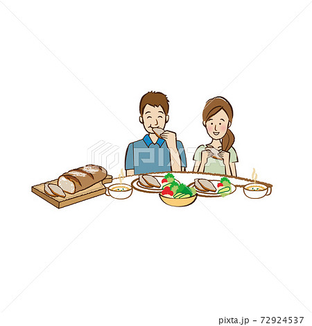 パンを食べる若い男性と女性のイラスト素材