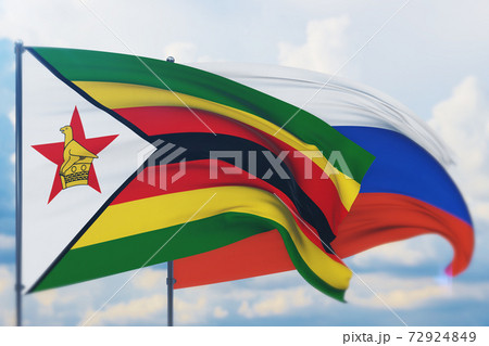 Waving Russian flag and flag of Zimbabwe. Closeup view, 3D illustration. Waving Russian flag and flag of Zimbabwe. Closeup view, 3D illustration. 72924849