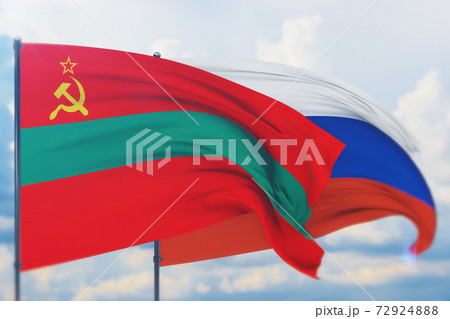Waving Russian flag and flag of Transnistria. Closeup view, 3D illustration. Waving Russian flag and flag of Transnistria. Closeup view, 3D illustration. 72924888