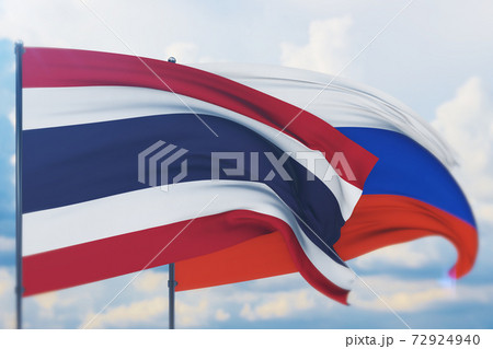Waving Russian flag and flag of Thailand. Closeup view, 3D illustration. Waving Russian flag and flag of Thailand. Closeup view, 3D illustration. 72924940