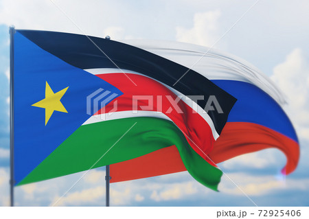 Waving Russian flag and flag of South Sudan. Closeup view, 3D illustration. Waving Russian flag and flag of South Sudan. Closeup view, 3D illustration. 72925406