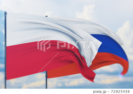Waving Russian flag and flag of Poland. Closeup view, 3D illustration. Waving Russian flag and flag of Poland. Closeup view, 3D illustration. 72925439