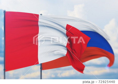 Waving Russian flag and flag of Peru. Closeup view, 3D illustration. Waving Russian flag and flag of Peru. Closeup view, 3D illustration. 72925440