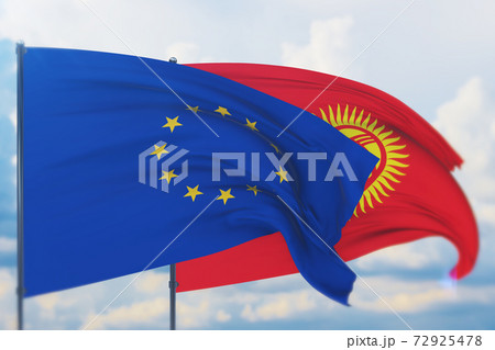 Waving European Union flag and flag of Kyrgyzstan. Closeup view, 3D illustration. 72925478