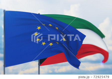 Waving European Union flag and flag of Kuwait. Closeup view, 3D illustration. Waving European Union flag and flag of Kuwait. Closeup view, 3D illustration. 72925479