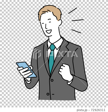 A man in a suit who is pleased to see his smartphone 72926311