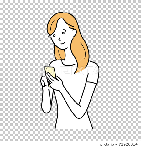 A woman in everyday wear who operates a smartphone 72926314