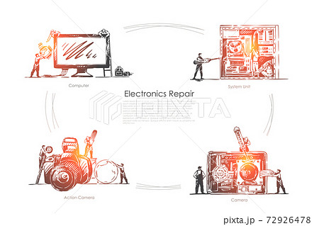 Technical equipment workshop, tiny people fixing computer, system unit and action camera banner template 72926478