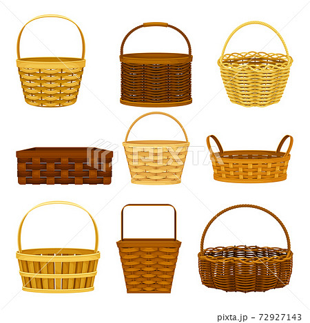 Wicker Basket as Container Woven from Stiff Fiber Vector Set 72927143