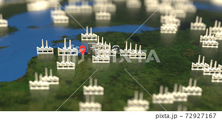 Factory icons near Riga city on the map, industrial production related 3D rendering 72927167