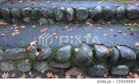 石の階段に紅葉の枯れ葉 72929084
