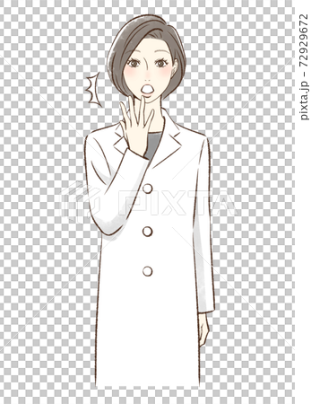 A woman in a front-facing lab coat with a surprised face A woman in a front-facing lab coat with a surprised face 72929672