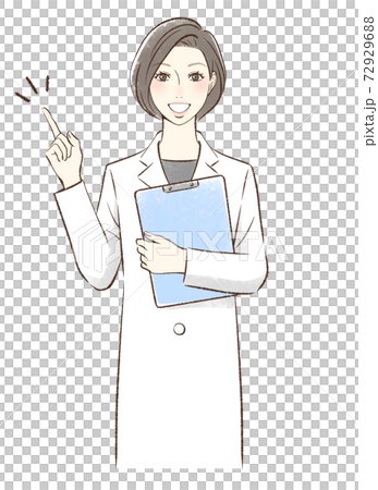 笑顔で指を差す正面向きの白衣を着た女性 72929688