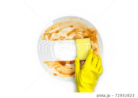 hands in rubber yellow gloves for protection washing dirty plate with foam sponge isolated on white background top view, Healthy and cleaning business concept 72931623